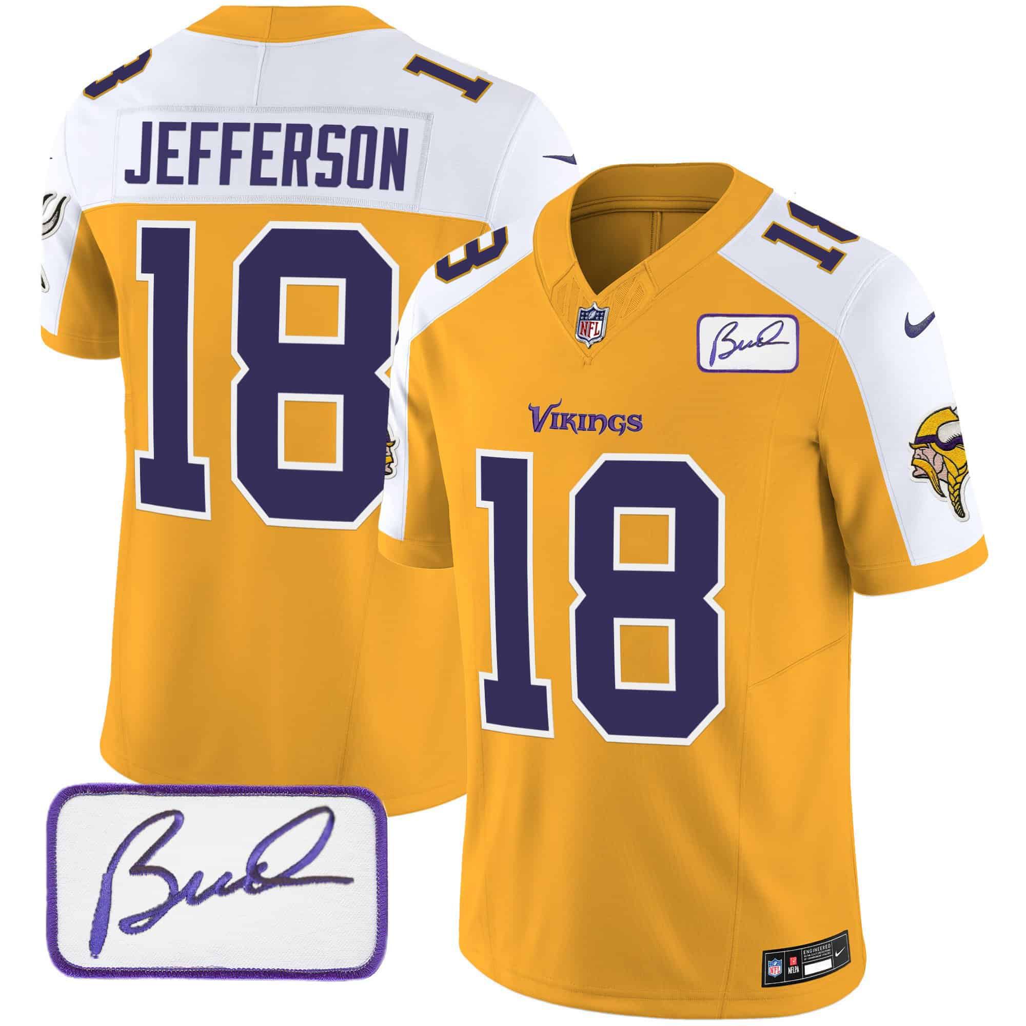 Men Minnesota Vikings #18 Jefferson Yellow 2024 Nike Bud Grant Patch Classic Limited NFL Jersey style 2